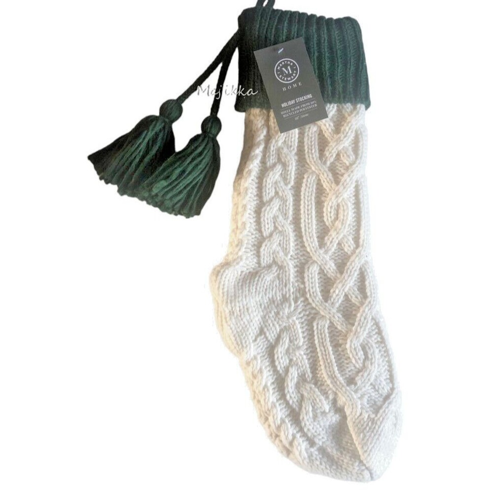 Martha Stewart Christmas Stocking 22" White Green Cable Knit Tassel Holiday